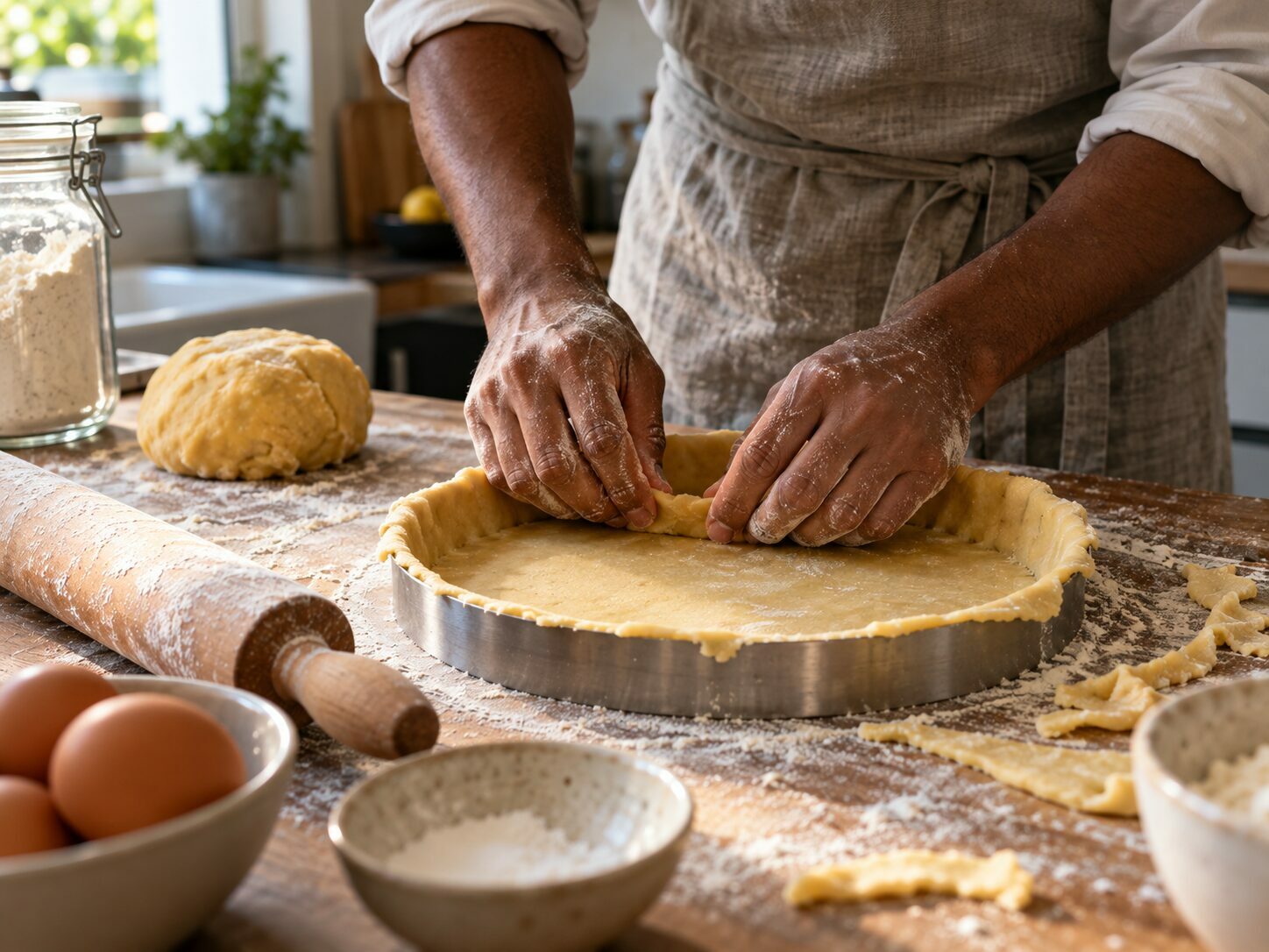 Mains farinées fonçant une pâte dans un cercle à tarte
