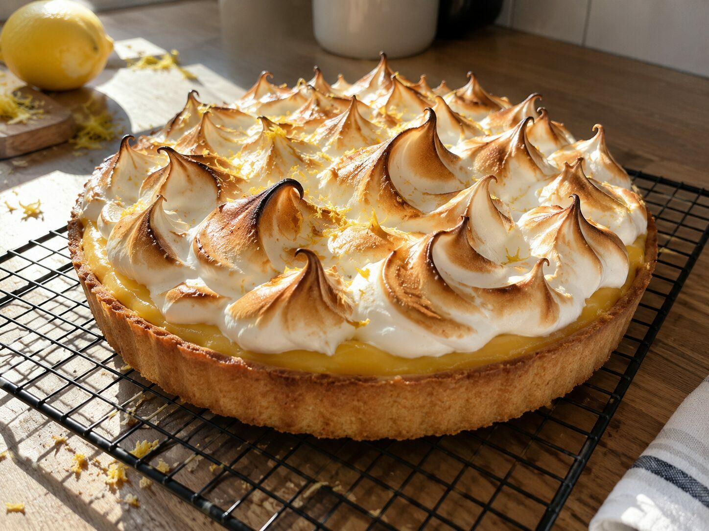 Tarte au citron meringuée dorée sur une grille